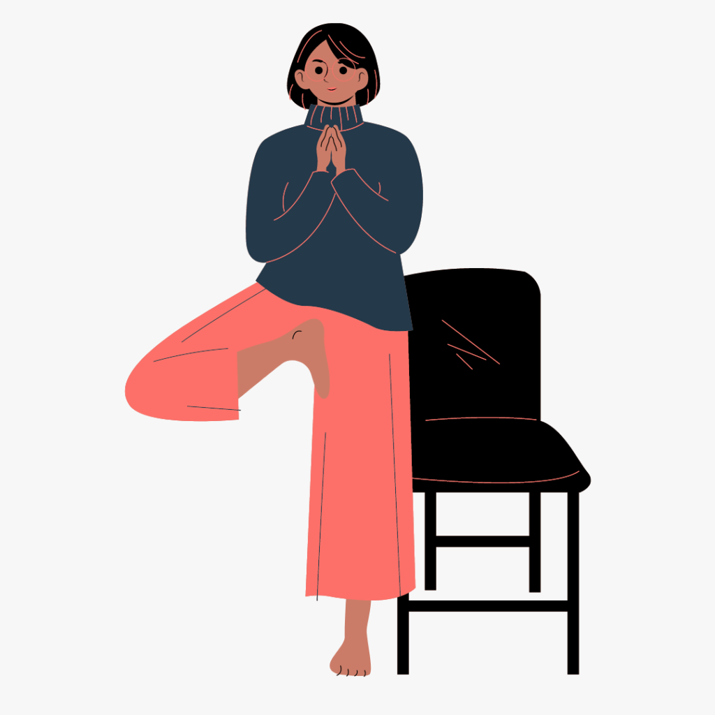 Illustration of woman in tree pose with a chair for balance