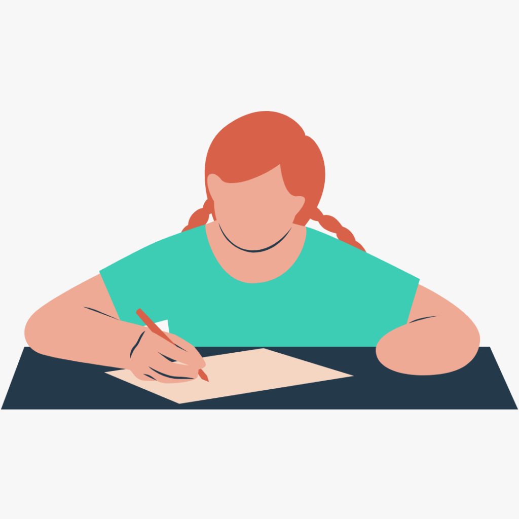 Woman sits at a desk with pen and blank paper wondering how to write a yoga bio